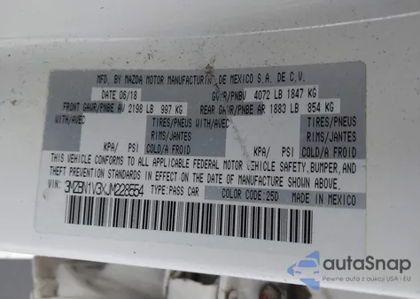 2018 Mazda Mazda3 Touring z USA, uszkodzony, nr VIN 3MZBN1V3XJM228554